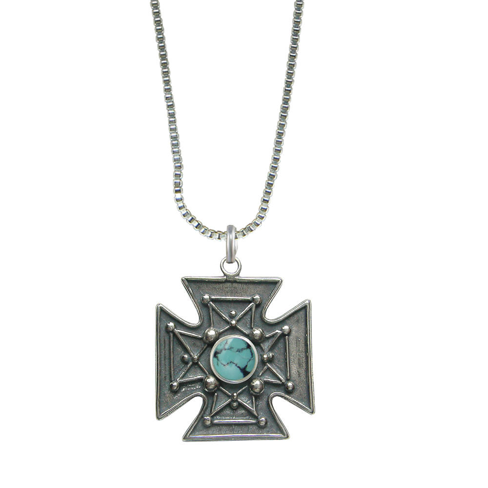 Sterling Silver Large Iron Cross Necklace With Chinese Turquoise